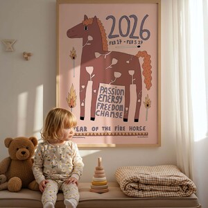 Fire horse art print framed in kids room with a little girl sitting next to it