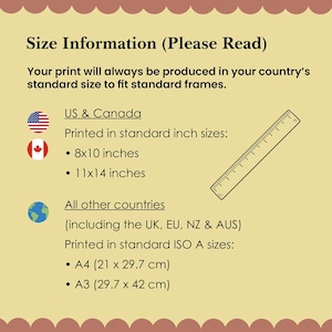 May include: A beige informational graphic titled Size Information (Please Read) detailing print dimensions. It lists US and Canada sizes as 8x10 inches and 11x14 inches, and international sizes as A4 (21 x 29.7 cm) and A3 (29.7 x 42 cm) with a ruler icon.
