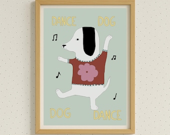 Dancing dog art print, modern colourful kids' room decor, pet poster, whimsical puppy illustration