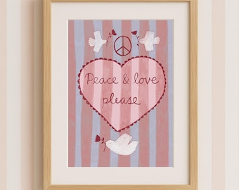 Love heart with pink stripes, Preppy room decor, Coquette wall poster