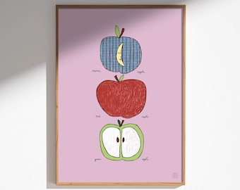 Moon Apple Print, Crayon Style Nursery Art, Whimsical Fruit Poster (Physical Print)