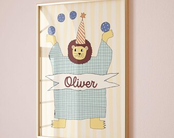 Blue lion print, circus animal poster, colourful kids' room decor - CUSTOMIZABLE (Physical Print)