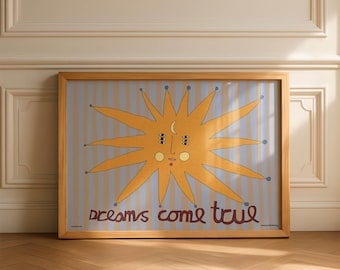Striped sun print, Soleil boho art, Hand-drawn eclectic nursery decor (Physical Print)