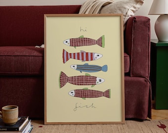 Patterned fish print, yellow art poster, hand-illustrated, colourful home decor (Physical Print)