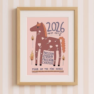 Fire horse art print framed on striped wall