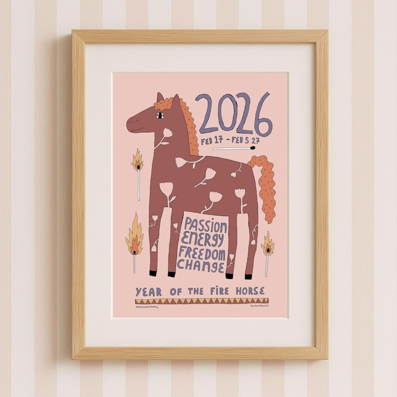 Fire horse art print framed on striped wall