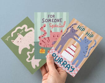 Set of 3 Cat Greeting Cards | 5x7 | Blank Inside | Kids Birthday Cards