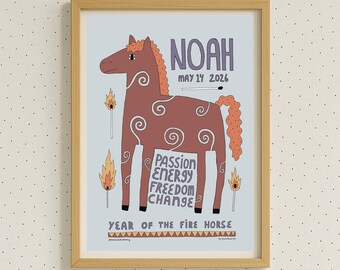 Blue personalized Fire Horse 2026, baby boy nursery poster – Chinese Zodiac Art Print