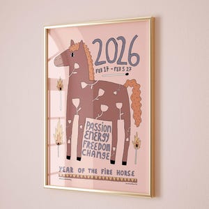 Fire horse art print framed on pink wall