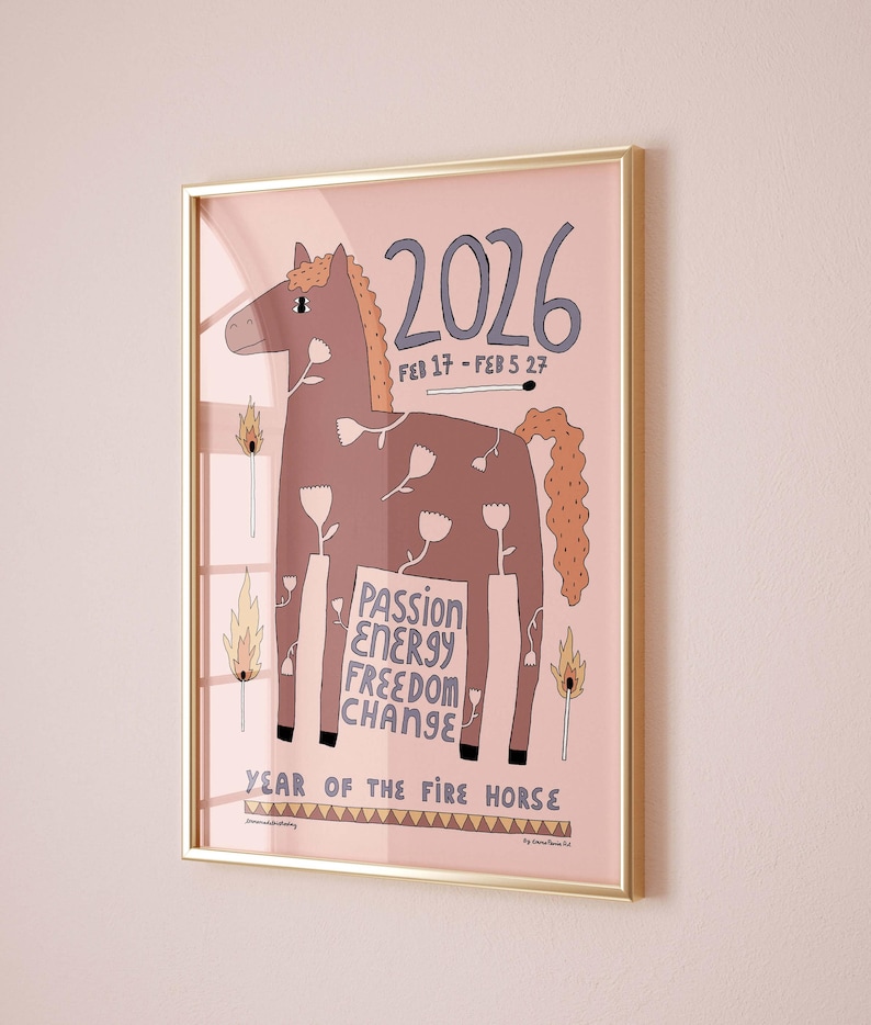 Fire horse art print framed on pink wall