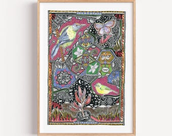 Bellbird Mandala Art Print | New Zealand Nature, Signed Limited Edition