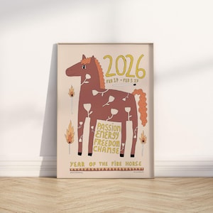 May include: A vertical poster featuring a brown horse illustration with white flower outlines, surrounded by matchstick and flame graphics. Text includes 2026, FEB 17 - FEB 5 27, PASSION ENERGY FREEDOM CHANGE, and YEAR OF THE FIRE HORSE on a light beige background.