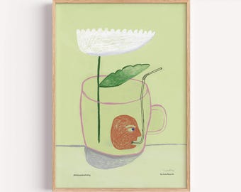 cup with head and flower, unique kitchen print, hand-drawn scandi style wall art