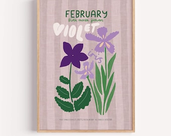 Geburtsmonat Februar Blumen, Veilchen und Iris Kunstdruck, Illustrierte Blumen Poster