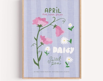April Birth Month Flowers, Daisy and Sweet Pea Art Print, Illustrated Flower Poster