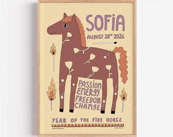 Yellow personalized Fire Horse 2026 Nursery Poster – Chinese Zodiac Art Print