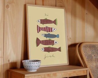 Whimsical fish print, yellow wall art, sardine decor (Physical Print)