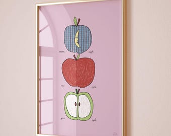 Moon Apple Print, Crayon Style Nursery Art, Whimsical Fruit Poster (Physical Print)