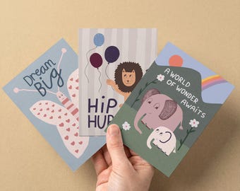 Baby Greeting Cards Set | Elephant, lion, butterfly art | Gender neutral mini prints