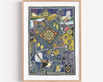 Fantail Bird Mandala Art Print | New Zealand Nature, Signed Limited Edition