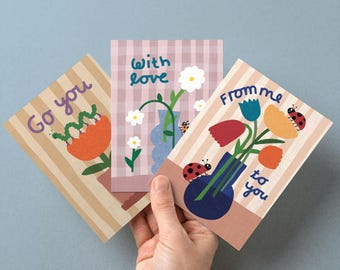 Set of 3 flower greeting cards, striped print, floral vase illustration, botanical art