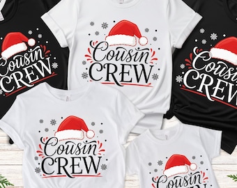 Christmas Cousin Crew Shirts, Santa Hat Family Holiday Tees (Bella + Canvas)