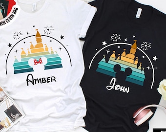 Disney Familien Urlaub Shirts, individuelles Name Schloss Mickey Minnie Shirt, passende Retro Disney Trip Outfits, personalisierte Familien Tops