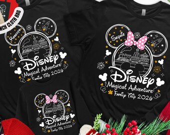 Disney Magical Adventure 2026 Family Matching Castle Ears Personalized Name Holiday Tote Gift Christmas Tee