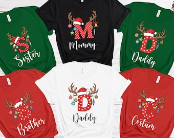 Personalized Christmas Family Shirts, Custom Reindeer Initial Tees, Matching Family Christmas Tops, Mommy Daddy Sister Holiday Shirts