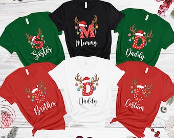 Personalized Reindeer Letter Christmas Shirts, Custom Family Name Holiday Tees, Matching Christmas Outfit, Santa Reindeer Shirts