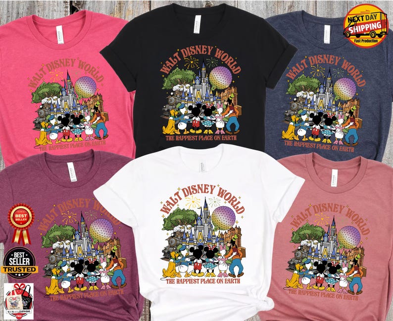 May include: A collection of t-shirts in various colors, each featuring a graphic of Disney characters and the text "Walt Disney World" and "The Happiest Place on Earth". The design includes a castle, Spaceship Earth, and fireworks.