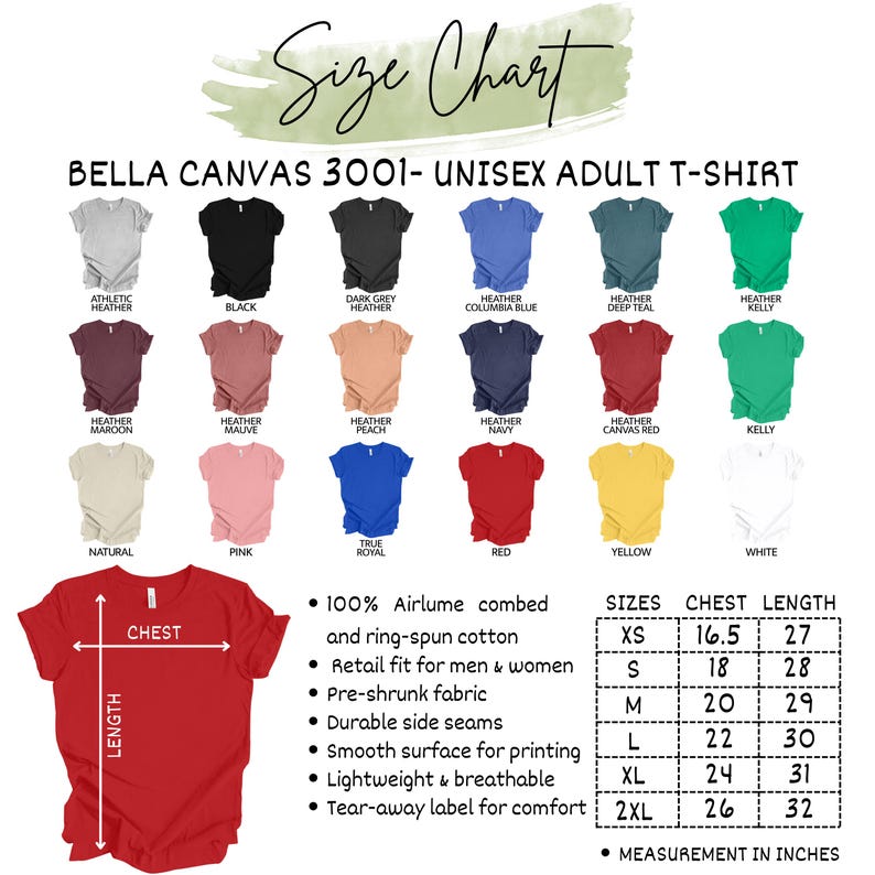 May include: A size chart for Bella Canvas 3001 unisex adult t-shirts. The chart displays various colors, including black, red, and blue. Measurements are in inches, with chest sizes ranging from 16.5 to 26 inches and lengths from 27 to 32 inches.
