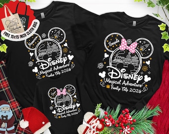 Camisetas personalizadas de viaje familiar a Disney 2026, camisetas a juego de aventuras mágicas, camisetas personalizadas de vacaciones en castillos para mamá, papá y niños.