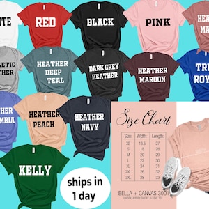 Puede incluir: Una colecci&oacute;n de camisetas de manga corta en varios colores, incluyendo blanco, rojo, negro, rosa y malva jaspeado. Cada camiseta muestra el nombre del color en letras blancas en negrita. Tambi&eacute;n se muestra una tabla de tallas y una camiseta color melocot&oacute;n.