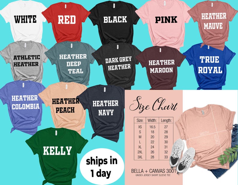 Puede incluir: Una colecci&oacute;n de camisetas de manga corta en varios colores, incluyendo blanco, rojo, negro, rosa y malva jaspeado. Cada camiseta muestra el nombre del color en letras blancas en negrita. Tambi&eacute;n se muestra una tabla de tallas y una camiseta color melocot&oacute;n.