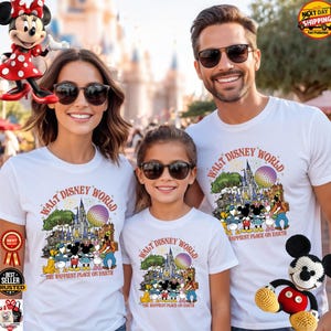 May include: Three people wearing white t-shirts with a "Walt Disney World" graphic and the text "The Happiest Place on Earth." The graphic includes cartoon characters and a castle. The family is smiling and wearing sunglasses.