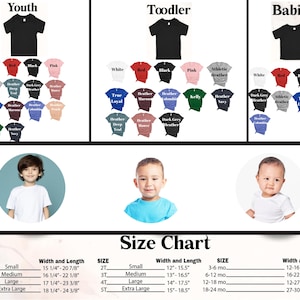 Puede incluir: Imagen de camisetas para j&oacute;venes, ni&ntilde;os peque&ntilde;os y beb&eacute;s en varios colores. La imagen incluye una tabla de tallas con medidas en pulgadas y libras, que detalla las tallas de peque&ntilde;o a extra grande para cada grupo de edad.