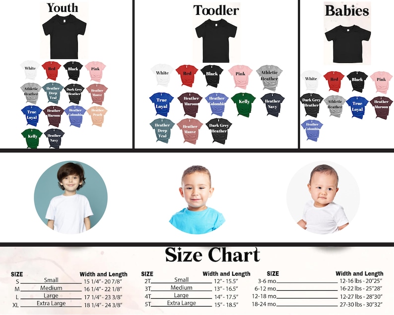 Puede incluir: Imagen de camisetas para j&oacute;venes, ni&ntilde;os peque&ntilde;os y beb&eacute;s en varios colores. La imagen incluye una tabla de tallas con medidas en pulgadas y libras, que detalla las tallas de peque&ntilde;o a extra grande para cada grupo de edad.