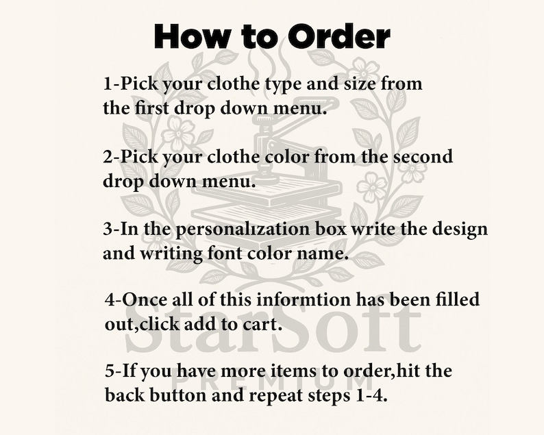 Puede incluir: Gr&aacute;fico color crema con el texto "How to Order" y pasos numerados para pedir ropa. Incluye instrucciones para seleccionar el tipo, color y talla de la ropa, y para a&ntilde;adir el art&iacute;culo al carrito. Elementos florales decorativos rodean el texto.