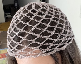 Gorro de malla de ganchillo, diadema plateada, gorro de lentejuelas, pañuelo de ganchillo, tocado para festivales, redecilla para el cabello