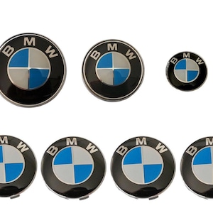 Für BMW Set mit 7 BMW Embleme und Radkappen 82 mm Vorne und 74 mm Hinten 45 mm Lenkrad und 4 x 68 mm Radkappen Blau Weiß Logo Neu