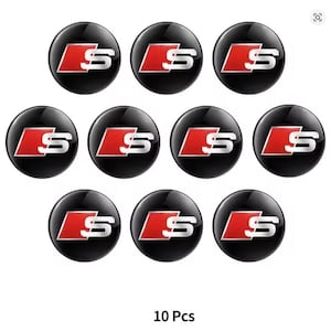 Pode incluir: Dez emblemas redondos S-line em preto e vermelho. Cada emblema tem um fundo preto e um quadrado vermelho contendo um "S" branco e uma linha horizontal branca. O texto "10 Pcs" está na parte inferior.