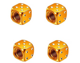 Air Valve Caps 4pcs Dice Style Tire Valve Stem Caps Aluminum Alloy Motorcycles and Bicycles, Dustproof Wheel Nipple Covers Gold Color