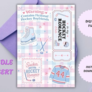 Peut inclure: Un fichier numérique sur le thème de la romance de hockey. Le design comprend une palette de couleurs bleu clair et rose avec des illustrations de patins à glace, de crosses de hockey et d'un maillot. Le texte comprend "Warning: Contains Fictional Hockey Boyfriends."