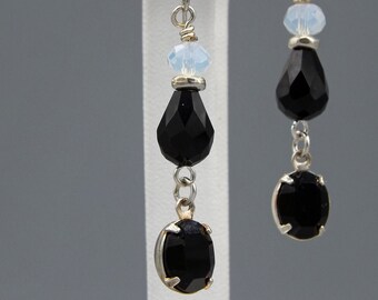 Long Dangle Black Crystal earrings - Glass, crystal, and opalite earrings - Gift for her - statement earrings - long drop earrings