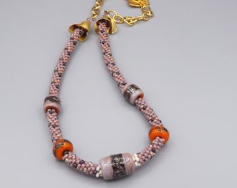 Lavender and Orange Kumihimo Necklace with 5 lampwork beads facal beads in shades of Lavendar and Dark Orange   beads necklace Gift for her