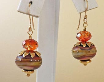 Rusty Red Gold filled earrings, rusty red handmade art glass silvered lampworked bead Crystal Red Magma Crystal earrings with Gold ear wires