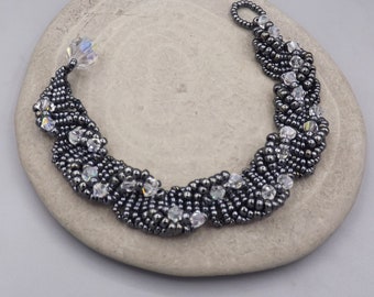 Elegant bead woven Gunmetal and Crystal bracelet -  Beads bracelet - gift for her - anniversary gift - Seed bead bracelet