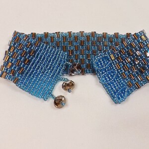 Hand bead woven Blue and Bronze bracelet, silver lined aqua seed beads and bronze lined aqua square beads, Swarovski crystal closure image 4