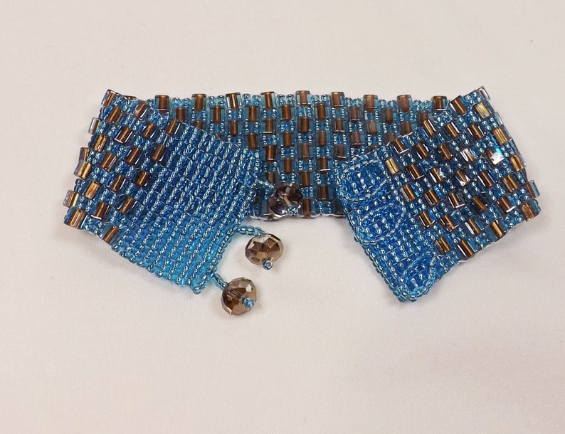 Hand bead woven Blue and Bronze bracelet, silver lined aqua seed beads and bronze lined aqua square beads, Swarovski crystal closure image 4